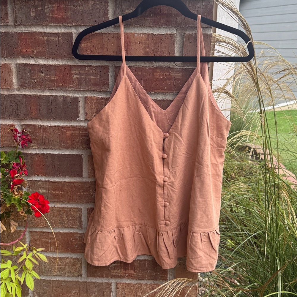 Everly Ladies L Terracotta Button Front Linen Blend Sleeveless Cami Top